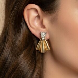 Vintage 60s Art-Deco Revival Rhinestone Goldtone Fan Earrings